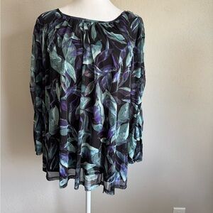 Zac & Rachel Black Teal Floral Sheer Blouse Womens 1X Career Flowy Beach